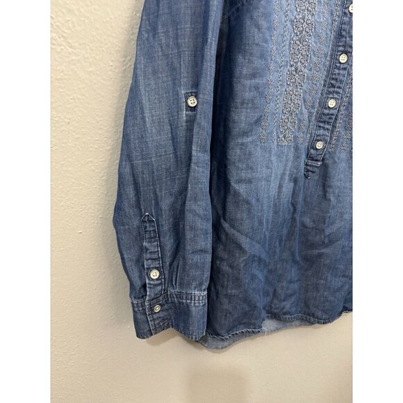Code Bleu Denim Shirt Embroidered Collared Women Large Roll Tab Sleeve - Picture 2 of 9